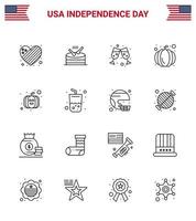 Happy Independence Day 16 Lines Icon Pack for Web and Print cola drink beer glass pumpkin Editable USA Day Vector Design Elements