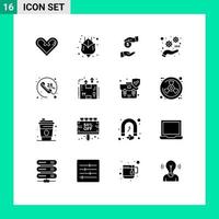 Group of 16 Modern Solid Glyphs Set for call optimize bribe seo development Editable Vector Design Elements