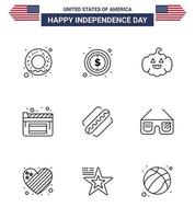 9 signos de línea de estados unidos celebración del día de la independencia símbolos de gafas de sol perro caliente película estadounidense editable elementos de diseño vectorial del día de estados unidos vector