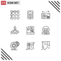 conjunto de esquemas de interfaz móvil de 9 pictogramas de elementos de diseño de vectores editables venecianos en efectivo de gramófono de pago de compras
