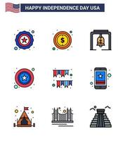 paquete de iconos de vector de stock de día americano 9 signos y símbolos de línea para empavesados día americano campana signo policía elementos de diseño de vector de día de EE. UU. editables