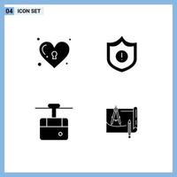 Group of 4 Solid Glyphs Signs and Symbols for heart ski lock warning blueprint Editable Vector Design Elements