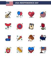 Modern Set of 16 Flat Filled Lines and symbols on USA Independence Day such as sausage food heart international flag country Editable USA Day Vector Design Elements