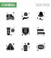 9 Solid Glyph Black Coronavirus disease and prevention vector icon health insurance tubes cold fuild bacteria viral coronavirus 2019nov disease Vector Design Elements