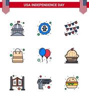 paquete de iconos de vector de stock de día americano 9 signos y símbolos de línea para paquetes de globos bombilla de fiesta de dinero de águila elementos de diseño de vector de día de estados unidos editables