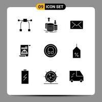 Pictogram Set of 9 Simple Solid Glyphs of basic earphone email invite card Editable Vector Design Elements