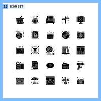 Set of 25 Commercial Solid Glyphs pack for player movie interior internet navigation Editable Vector Design Elements