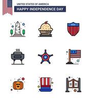 Group of 9 Flat Filled Lines Set for Independence day of United States of America such as holiday celebration sweet barbeque seurity Editable USA Day Vector Design Elements