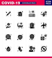 CORONAVIRUS 16 Solid Glyph Black Icon set on the theme of Corona epidemic contains icons such as virus vacation attach travel survice viral coronavirus 2019nov disease Vector Design Elements