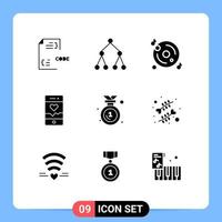 Set of 9 Modern UI Icons Symbols Signs for badge sport disk smartphone analysis Editable Vector Design Elements