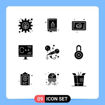 Mobile Interface Solid Glyph Set of 9 Pictograms of party karaoke meat programming develop Editable Vector Design Elements