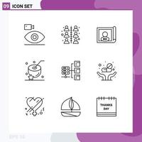 Pack of 9 Modern Outlines Signs and Symbols for Web Print Media such as network food work water international Editable Vector Design Elements