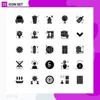 User Interface Pack of 25 Basic Solid Glyphs of globe eco drinks mindfulness meditation Editable Vector Design Elements