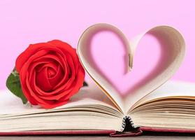 Page of book curved  heart shape and red rose photo