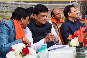 New Delhi, India - November 27 2022 - Piyush Goyal Cabinet Minister and core member of Bharatiya Janata Party - BJP during a rally in support of BJP candidate ahead of MCD local body Elections 2022 photo