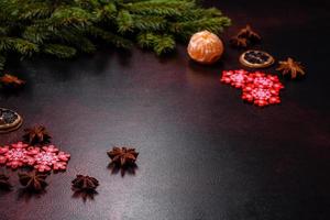 Christmas table with empty plate and surface with New Year's decorations photo