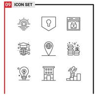 Pack of 9 Modern Outlines Signs and Symbols for Web Print Media such as globe globe secure geography lock Editable Vector Design Elements