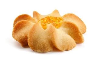 urabye shortbread cookies are isolated on a white background. Side view. Flower-shaped biscuits filled with jam. photo