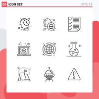 Outline Pack of 9 Universal Symbols of globe video data tutorial internet Editable Vector Design Elements