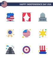 Happy Independence Day USA Pack of 9 Creative Flats of flag medal building independence day holiday Editable USA Day Vector Design Elements