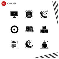 Group of 9 Solid Glyphs Signs and Symbols for study book call location map Editable Vector Design Elements