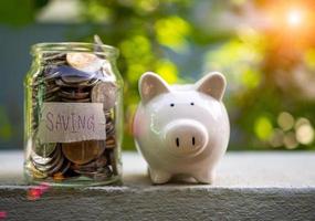 Piggy bank bottle with saving sign on natural bokeh background photo