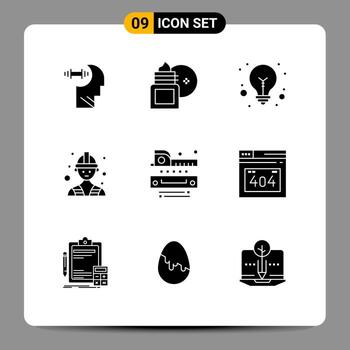 9 Thematic Vector Solid Glyphs and Editable Symbols of ruler level skin cleansing worker builder Editable Vector Design Elements