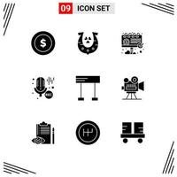 Mobile Interface Solid Glyph Set of 9 Pictograms of line recording advertisement professional mic Editable Vector Design Elements