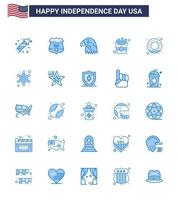 USA Independence Day Blue Set of 25 USA Pictograms of nutrition donut animal fries fast Editable USA Day Vector Design Elements