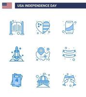 Happy Independence Day 4th July Set of 9 Blues American Pictograph of usa spaceship usa rocket cola Editable USA Day Vector Design Elements