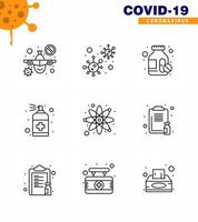 Corona virus disease 9 Line icon pack suck as atom handcare virus hand spray viral coronavirus 2019nov disease Vector Design Elements