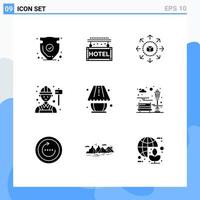 Set of 9 Commercial Solid Glyphs pack for home decorate worker rest engineer shopping store Editable Vector Design Elements