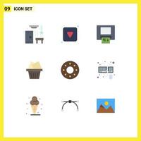 conjunto moderno de 9 pictogramas de colores planos de elementos de diseño vectorial editables de donuts de entrada atm donut mail vector