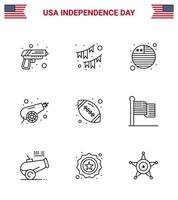 usa feliz día de la independencia pictograma conjunto de 9 líneas simples de rugby arma guirnalda guerra ejército editable usa día vector elementos de diseño