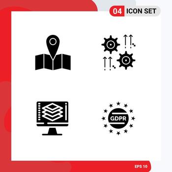 Pack of 4 Modern Solid Glyphs Signs and Symbols for Web Print Media such as location code setting wheel screen Editable Vector Design Elements