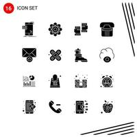 Pack of 16 Modern Solid Glyphs Signs and Symbols for Web Print Media such as phone contact laboratory communication sport Editable Vector Design Elements