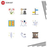 Mobile Interface Flat Color Set of 9 Pictograms of power electricity direction door building Editable Vector Design Elements