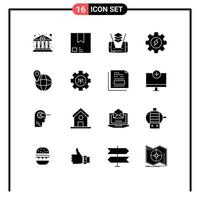 Group of 16 Solid Glyphs Signs and Symbols for travel process product gear technology Editable Vector Design Elements