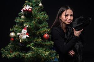 retrato de un perro labrador con su dueño, cerca del árbol verde de año nuevo. foto