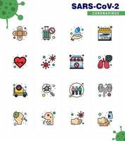 CORONAVIRUS 16 Flat Color Filled Line Icon set on the theme of Corona epidemic contains icons such as pulse beat hands schedule event viral coronavirus 2019nov disease Vector Design Elements