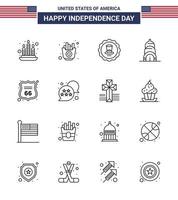 Pack of 16 USA Independence Day Celebration Lines Signs and 4th July Symbols such as american shield drink security building Editable USA Day Vector Design Elements