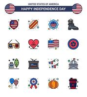 16 señales de línea llenas planas para el día de la independencia de EE. UU., corazón, gafas de bandera internacional americana, elementos de diseño vectorial del día de EE. UU. editables en EE. UU. vector