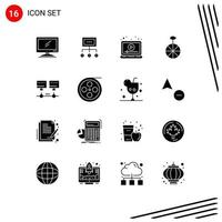 16 Universal Solid Glyphs Set for Web and Mobile Applications video marketing graph laptop process Editable Vector Design Elements