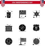 Happy Independence Day 4th July Set of 9 Solid Glyphs American Pictograph of ball independence day men independece drum Editable USA Day Vector Design Elements