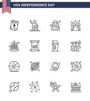 Set of 16 Modern Lines pack on USA Independence Day fire american bag cream icecream Editable USA Day Vector Design Elements