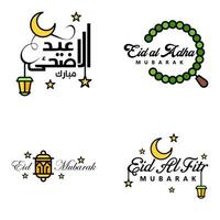 4 saludos modernos de eid fitr escritos en texto decorativo de caligrafía árabe para tarjetas de felicitación y deseando el feliz eid en esta ocasión religiosa vector