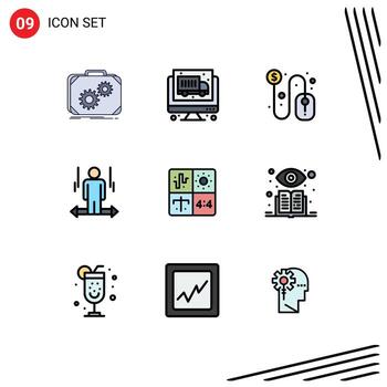 conjunto de pictogramas de 9 colores planos de línea rellena simple de audio flecha de clic izquierdo elementos de diseño vectorial editables por el usuario vector