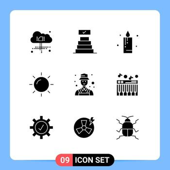 Set of 9 Vector Solid Glyphs on Grid for piano detect holiday user avatar Editable Vector Design Elements