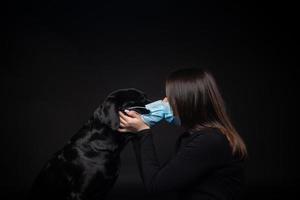 Portrait of a Labrador Retriever dog in a protective medical mask with a female owner. photo