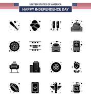 USA Independence Day Solid Glyph Set of 16 USA Pictograms of star white corn dog landmark building Editable USA Day Vector Design Elements